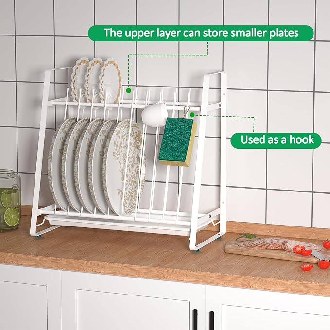 Dish Drying Rack with Drainboard, 11 Slots Upright | 2-Tier Plate Organizer, Countertop/Wall-Mounted Kitchen Dish Holder