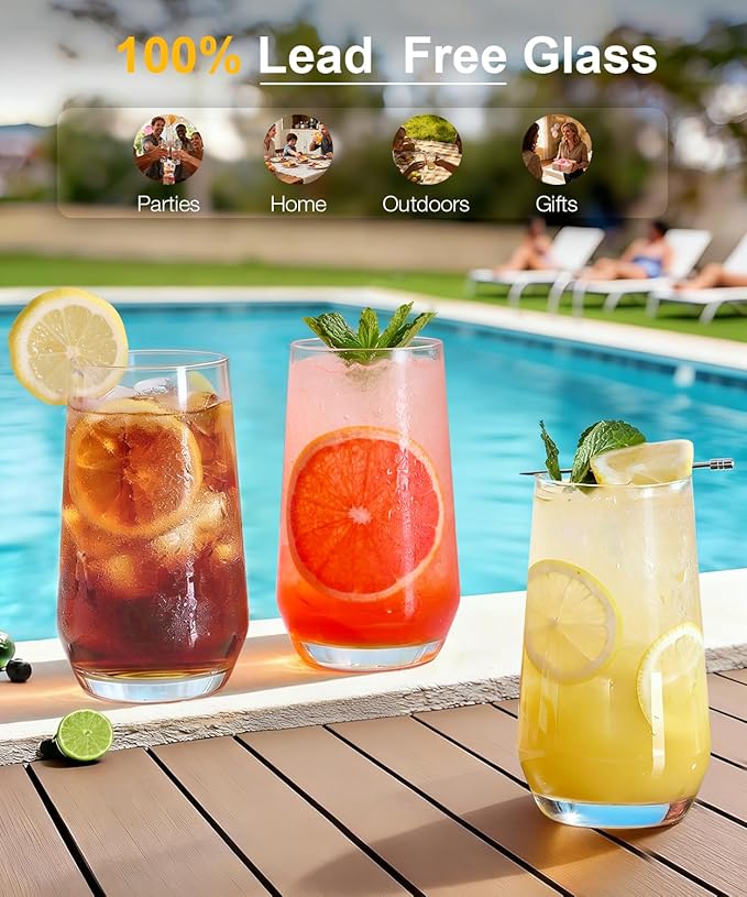 Drinking Water Glass Cups Set,Crystal Clear tall Glass cups set of 6,16.2oz