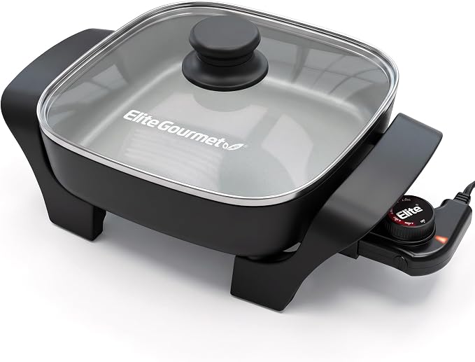 Elite Gourmet EG808C PFAS-Free Ceramic Electric Skillet, 2.5Qt, Black | Compact 8"x8", Removable Thermostat, 200-400°F Range, Tempered Glass Vented Lid, Dishwasher Safe, One-Pot Meals