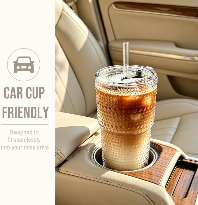 SoulTimes 20oz Hobnail Glass Tumbler with Bamboo Lids and Straws - Iced Coffee Glass Cups for Smoothie, Matcha, Juice, Water etc. Leakproof and Reusable Glassware Drinking for Travel To Go [4 Pcs]
