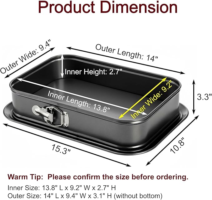 SOUJOY Springform Cake Pan, Non-stick Cheesecake Pan, 14 x 9 Inch Large Rectangle Cake Pan with Removable Bottom, Ice Cream Cake Bakeware, Black
