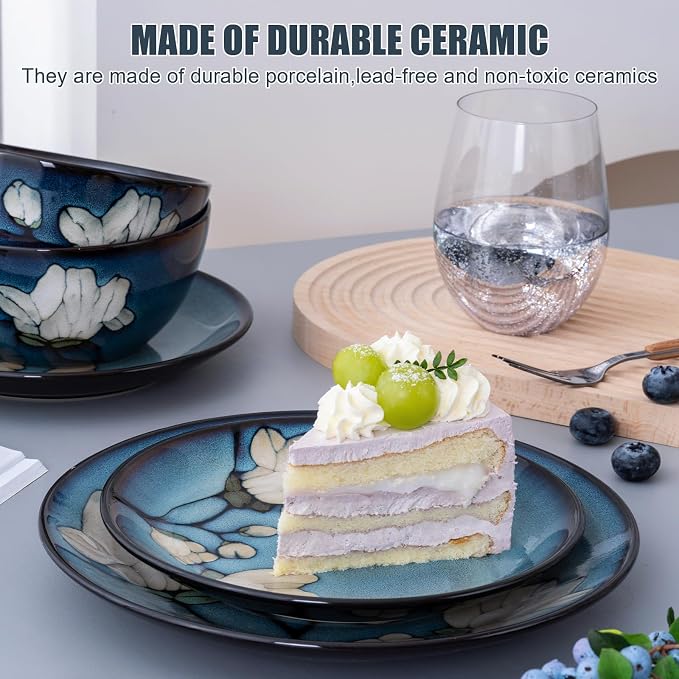 Dinnerware Set Blue Stoneware 12 Pieces Service for 4, Stoneware Plates and Bowls Set Stoneware Set, Dishwasher Microwave Safe Dishes set