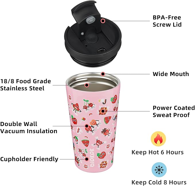 BJPKPK 18 oz Coffee Tumbler with Straw, Insulated Stainless Steel Cup | Double Wall Vacuum, Leak Proof, Keeps Hot/Cold, BPA Free, Cupholder Friendly, Travel, Passionate-Pink