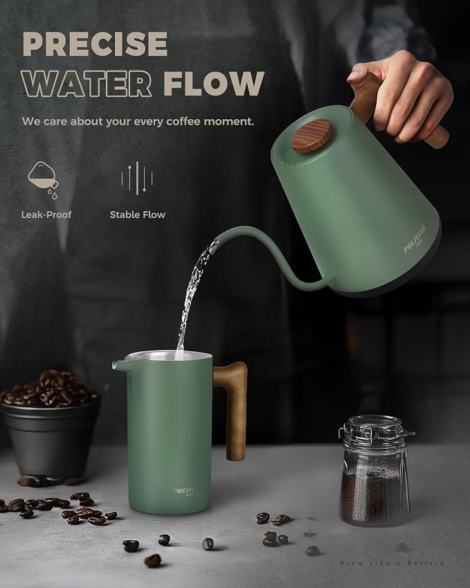 POLIVIAR Electric Gooseneck Kettle, 1350W Electric Tea Kettle Wood Pattern Handle, 34oz Pour Over Electric Kettle for Coffee & Tea, 18/8 Stainless Steel Inner, Temperature Control & Rapid Heating | 1350W, 34oz Pour Over Electric Tea Kettle for Coffee &...