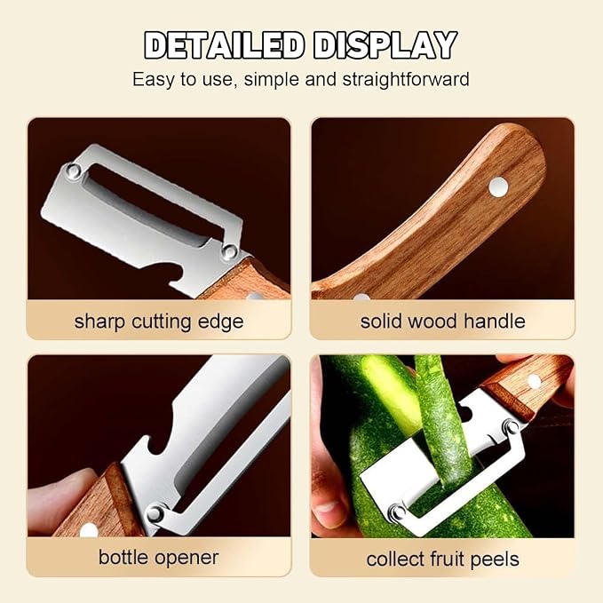 3 Pcs MultiFunctional Vegetable Peeler for Kitchen,Stainless Steel Blade with Ergonomic Wooden Handle and Built-in Bottle Opener, Kitchen Tool for Fruit Veggie Pumpkin, Gifts for Mom