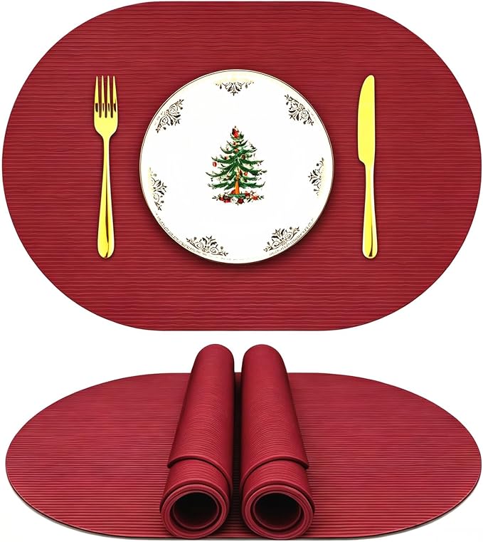 IYYI Silicone Placemats, Dining Placemats Set of 4, Waterproof Placemats for Kids, Heat Resistant Non-Slip Silicone Mats for Dinner Table, Dishwasher Safe (Wine Red, 17.7" ×12")