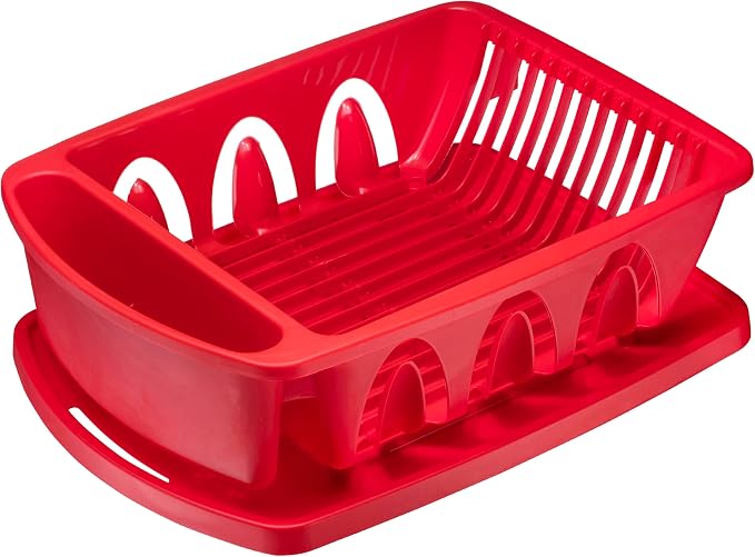 Tribello Sink Dish Drying Rack, Heavy Duty Hard Plastic Sink Set with Drainer (Red)
