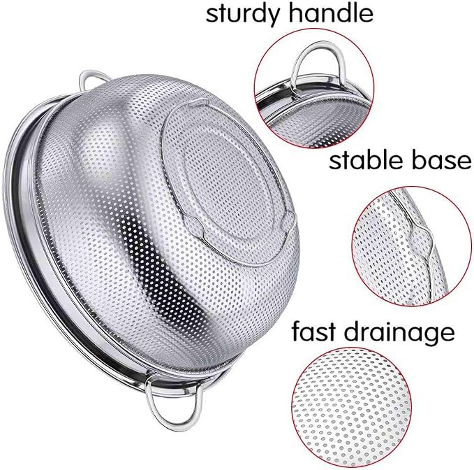 TeamFar Colander, 3qt Stainless Steel Micro-Perforated Colander Strainer | Metal Food Strainer for Draining/Washing/Rinsing Pasta Vegetables Fruits, Healthy, Sturdy & Dishwasher Safe