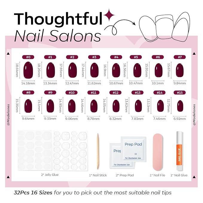 modelones Short Press on Nails, Oval Fake Nails Kit Nails Press Ons | with Glue, Adhesive Tabs, Nail File, Prep Pad, Manicure Stick, 32Pcs 16 Sizes, Burgundy, Summer Women Girl Gift