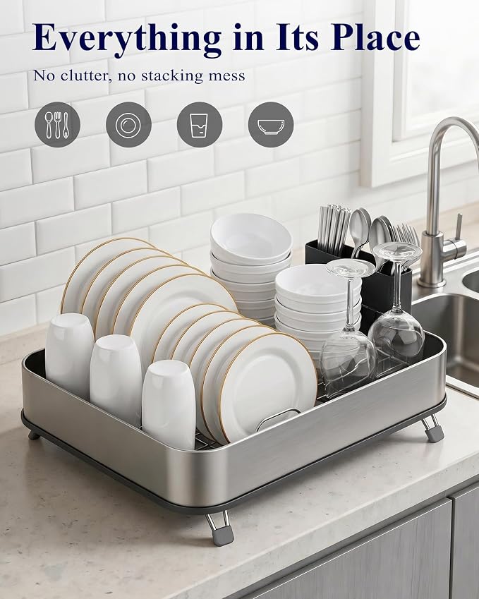 Kitsure Dish Drying Rack - Stainless Steel Dish Rack with Cutlery Holder, Rust-Resistant Wrapped Edges, Space-Saving Dish Racks for Kitchen Counter, 16.3" x 12.7" x 4.6", Black