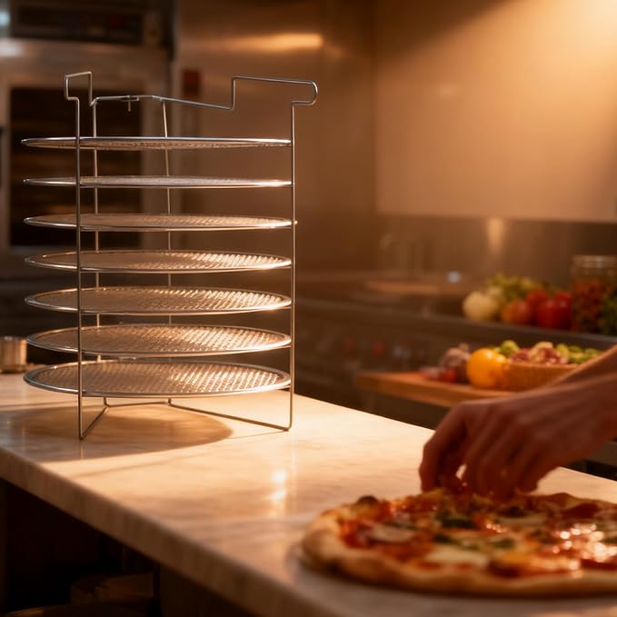 Honeydak 7-Slot Folding Pizza Pan Rack with 7 14-Inch Pizza Baking Screens for Compact Convenient and Easy Storage, Home Restaurant