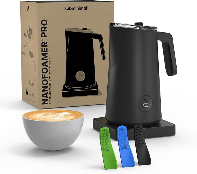Subminimal NanoFoamer Pro Gen-2 Milk Frother - Handsfree Milk Foamer | US plug type, for dairy & plant-based milk, IPX-5 splash-resistant, 0.4mm impeller adjuster, heats milk up to 158F