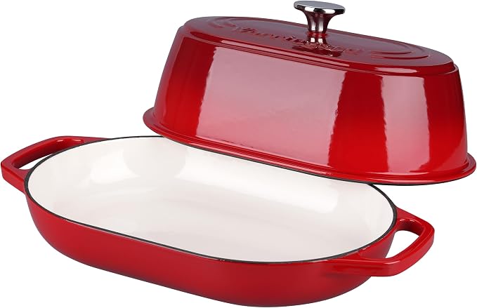 Enameled Cast Iron Dutch Oven Pot with Dome Lid, Oval Bread Oven for Homemade Sourdough Bread Baking, Oven Safe up to 500°F, 6 Quart, Red