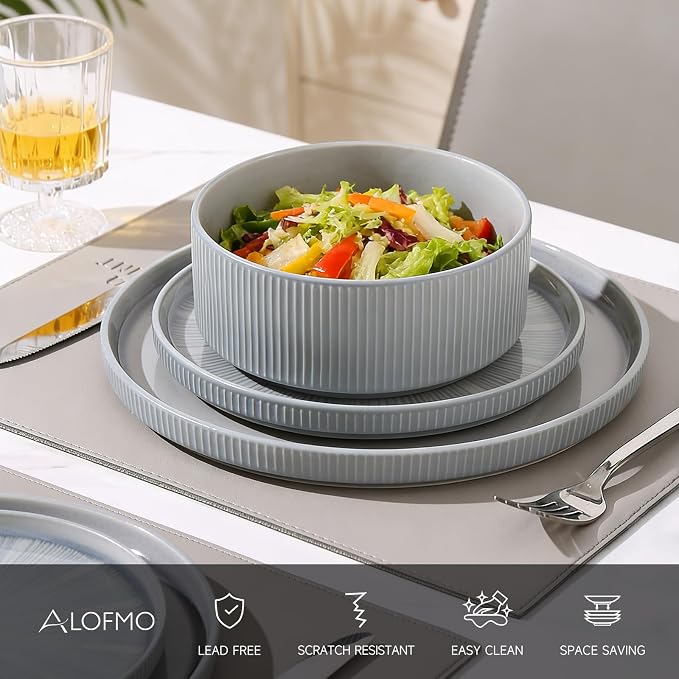 Stoneware Dinnerware Sets for 6, 18-Piece Plates and Bowls Set, Smoky Blue | Advanced Inkjet Printing Ceramic Dishes, Modern Minimalist Tableware, Scratch Resistant, Microwave and Dishwasher Safe