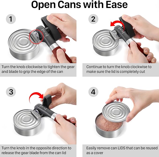 Beneno Can Opener, Manual Side Safe Cut Can Opener Smooth Edge, Red | Durable Sharp DC53 Steel Cutting Blade, Clean Cut with no Sharp Can Edges, Big Effort-Saving Knob, Comfortable Non-Slip Grip
