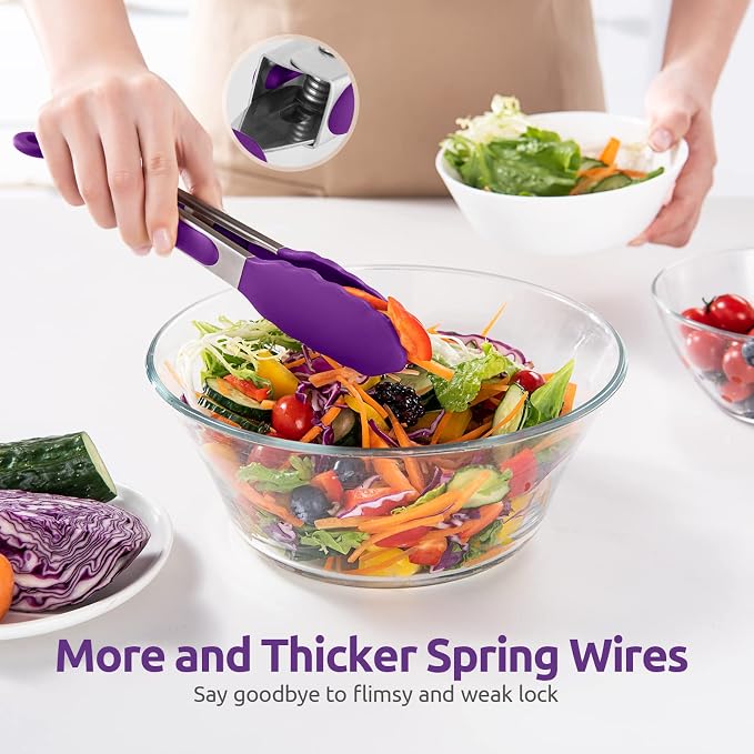 U-Taste Kitchen Tong for Cooking, 600ºF Heat-Resistant Tps, 9in/Purple | Rubber Tong for Serving Food, Salad/Grill/BBQ/Steak/Pasta Silicon Tongs, 18/8 Stainless Steel Handle & Smooth Locking