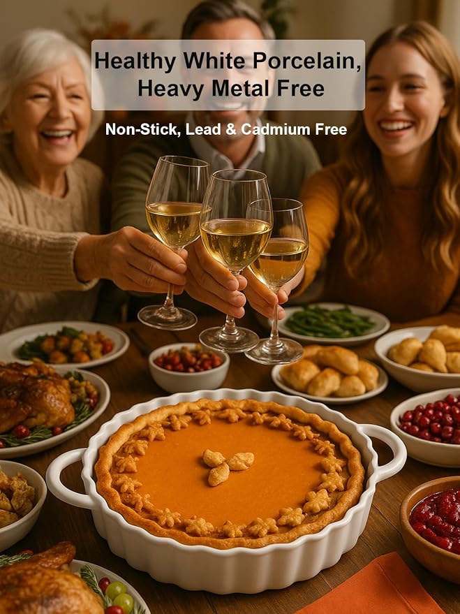 9×2in Deep Ceramic Pie Pan with Handles for Pie Quiche Tart Baking. Easy to grip, Lead-Free. Casserole Lasagna Dish for Thanksgiving Christmas Wedding Gift. Microwave, Dishwasher, Oven Safe