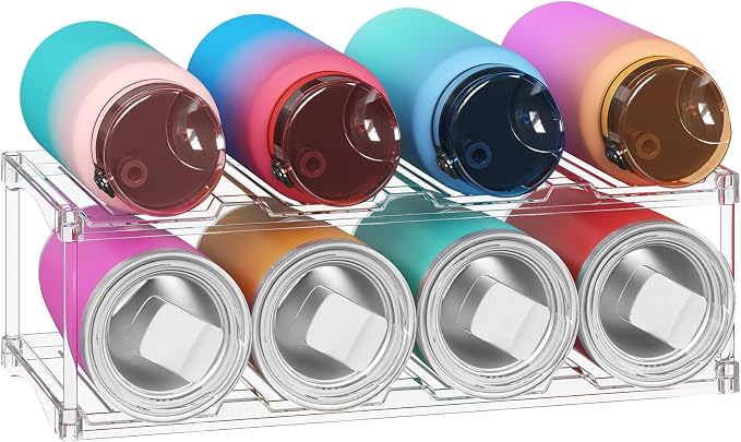 Lifewit Stackable Bottle Storage Organizer, Clear Freestanding Wine Holder for Cabinet, Large Slot Water Bottle Tumbler Cup Organizer for Pantry, Plastic Wine Rack for Fridge Cellar, 2Tier Hold 8