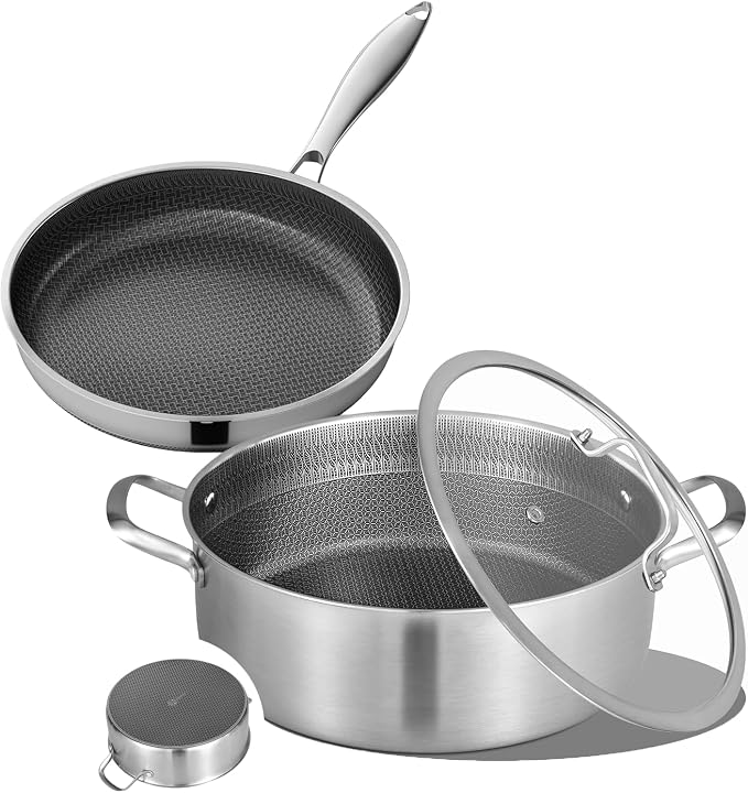 LOLYKITCH 7 QT Saute Pan with Lid & 12'' Frying Pan Set | Detachable Handle | Ceramic Nonstick | Tri-Ply Stainless Steel | Hybrid Cookware Set | Oven & Induction Ready | PFOA-FREE | For Searing Frying