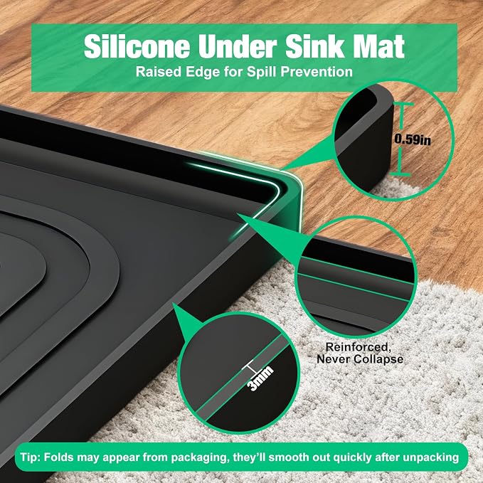 Under Sink Mat 22 X 19, Waterproof Silicone Cabinet Kitchen Liner, Black | BPA-Free Raised-Edge Cabinet Protector & Leak Tray for Bathroom Cabinets, Boots, Pet Feeding Dog & Cat Mats, Dishwasher Safe