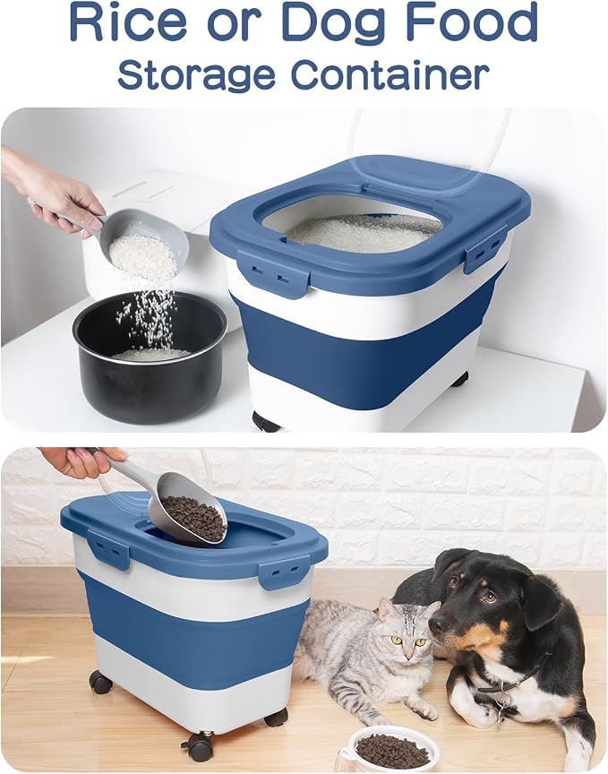 20-30 Lbs Rice Storage Container,Collapsible Food Storage Container | Flour Storage Container with Wheels Airtight Locking Lid,Rice Container Double Seal,Keep Fresh for Pet Food,Rice,Flour