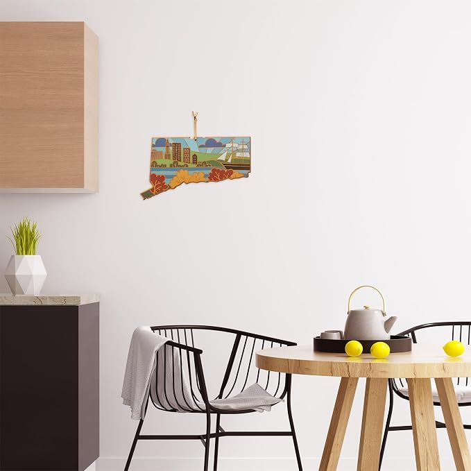Totally Bamboo Connecticut State Shaped Cutting Board and Charcuterie Serving Platter with Artwork by Summer Stokes, Includes Hang Tie for Wall Display