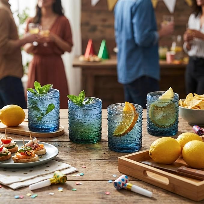 Moretoes 10oz Blue Hobnail Drinking Glasses Set of 6 Cocktail Glasses | Vintage Old Fashion Glassware, Textured Glass Cups Bubble Glasses Water Glasses Jupiter Glasses Set