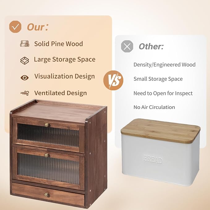 Wood Bread Box for Kitchen Countertop with Cutlery Drawer, Walnut | Solid Pine Wood, 2-Tier Large Capacity, Included 50 Deli Papers, Vintage Farmhouse Breadbox, Wooden Bread Storage Container