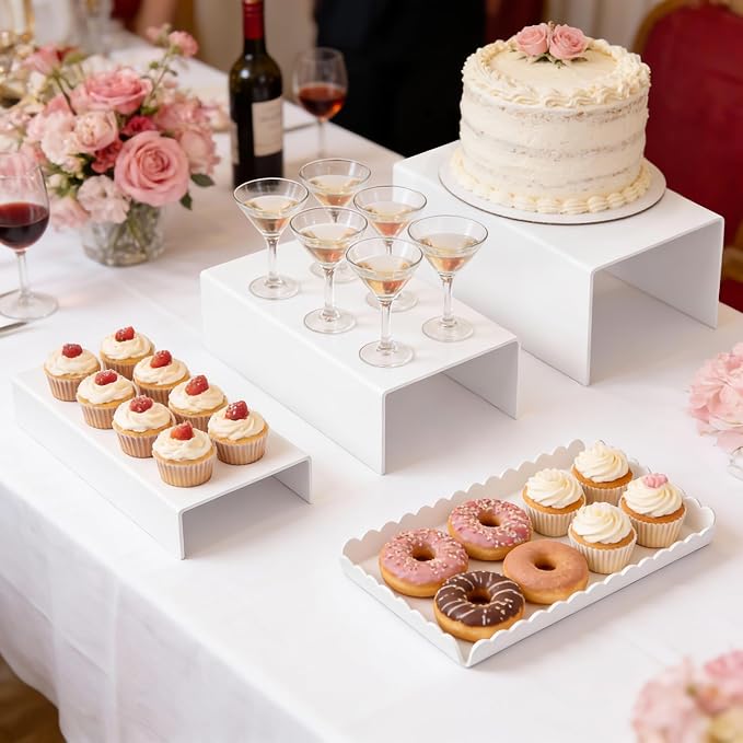 Food Display Stands, 4 PCS Acrylic Buffet Risers for Party Table, U-Shaped Tiered Acrylic Display Risers for Catering Dessert Drink Party Supply, Scalloped Serving Tray for Cupcake Fruit (Glossy White 4 PCS)