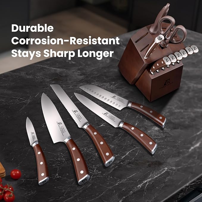 CoquusAid Knife Set, Upgrade 15 Pcs Knife Block Set with Widened Ventilated Slot, German Stainless Steel Kitchen Knives Set with Sharpener, Professional Chef Knives Set, Full Tang Ergonomic Handle