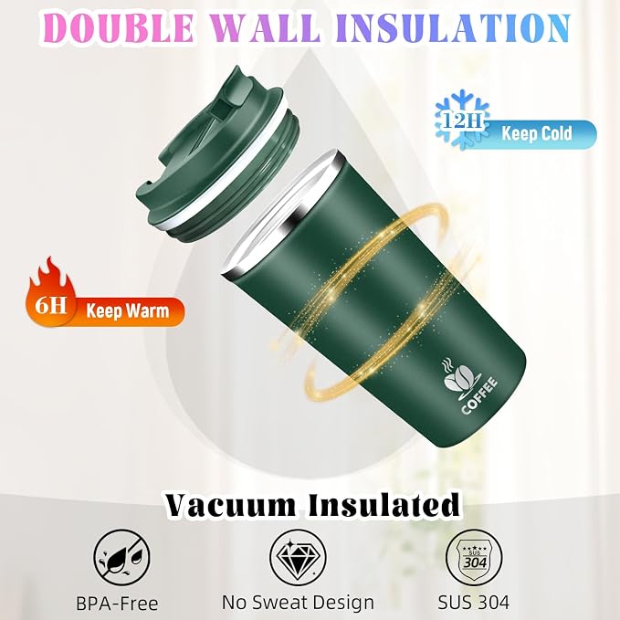 17oz Insulated Travel Coffee Mug with Flip Lid – Leakproof Stainless Steel Insulated Coffee Tumblers, Reuable Coffee Cup for Hot & Cold Drinks, Perfect for Camping & On-the-Go