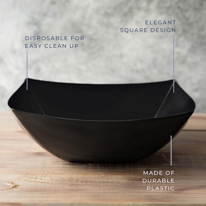 PLASTICPRO Disposable Square Serving Bowls, Party Snack or Salad Bowl, Plastic Black Pack of 4 128 OUNCE, Black