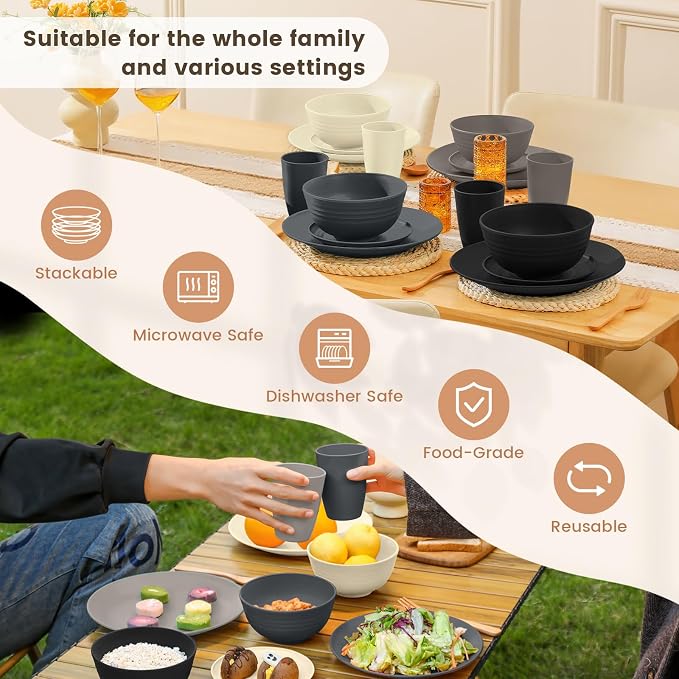 Wheat Straw Dinnerware Set - Dinner Plates, Cereal Bowls, Drinking Cups Set, Unbreakable 16 PCS Dish Set, Microwave and Dishwasher Safe Dishes for Home, Outdoor - Grey Stone