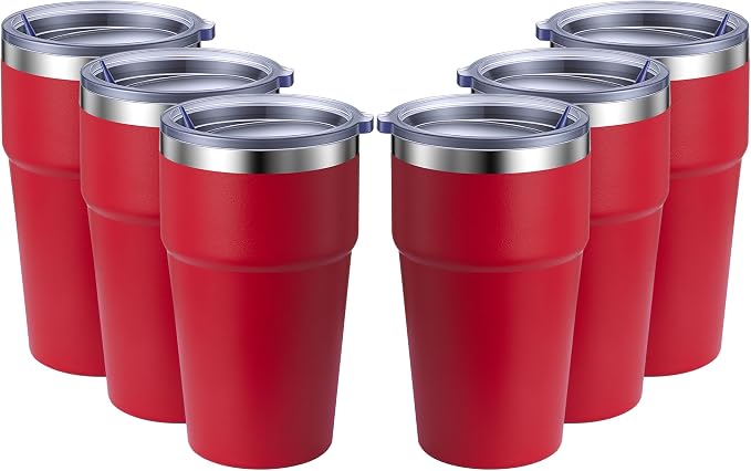 MEWAY 16oz Tumbler Double Wall Vacuum Insulated Travel Mug Bulk, Stainless Steel Tumblers with Lid, Powder Coated Coffee Cups for Cold & Hot Drinks (Red,6 Pack)