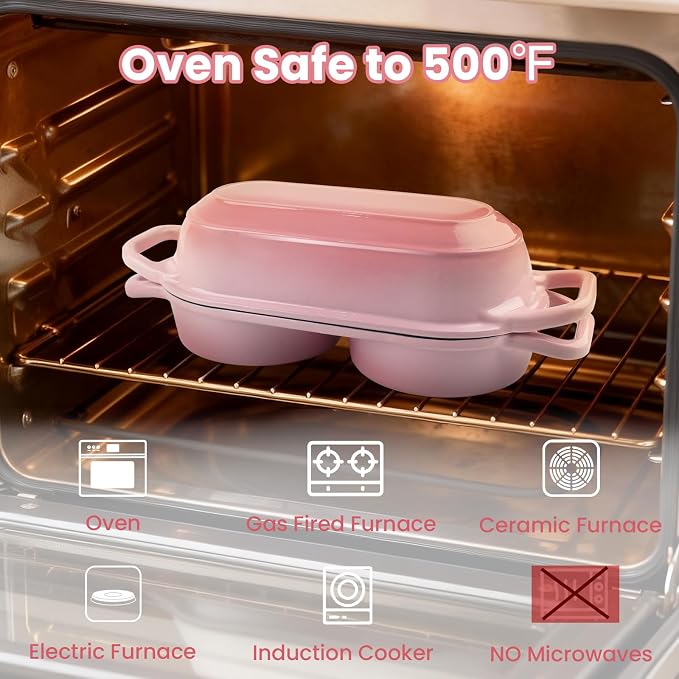 YONILL Mini Double Dutch Oven with Lid for Sourdough Bread Baking (Pink) | Enameled Cast Iron Pot with Lid, 5" Banneton Bread Proofing Basket Include, Dual Round Bread Loaf Pan for Homemade Baking