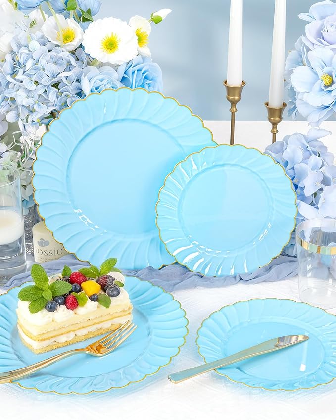 YOUBET 175PCS Light Blue Scalloped Plastic Plates for Party Wedding | Blue Disposable Dinnerware Set Include 50 Plates, 75 Gold Silverware, 25 Cups, 25 Napkins for Baby Shower