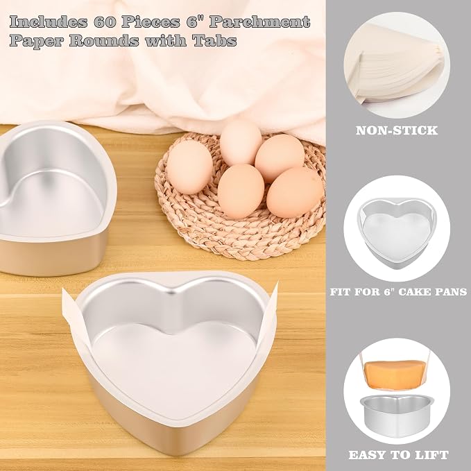 HUAKENER 6 Inch Heart Cake Pan, Non-stick Aluminum Heart Cake Pan | 2 Pack Heart Shaped Cake Pans with 60 Pieces Parchment Paper, Non-stick Cake Baking Pans for Kitchen Birthday Wedding