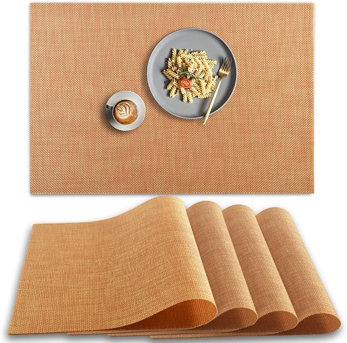 homEdge PVC Placemat, 4 PCS of Non-Slip Heat Resistant Place Mats, Washable Vinyl Placemats, Set of 4 –Dark Golden