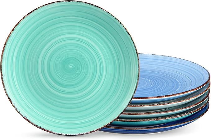 vancasso Bonita 10.5 Inch Ceramic Dinner Plates Set of 6, Cool Colors | Microwave and Oven Safe, Durable Glaze Resists Scratches and Chips, Set of 6 Stackable, Colorful Bonita Design, Salad Plates