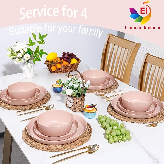 EjonirInjonir 12pcs Pink Wheat Straw Dinnerware Set for Family/Dorm | Eco-Friendly,Reusable Pink Dishes & Wheat Straw Plates.Deep Plates and Bowls Sets for Family Picnic, RV, and Camping.