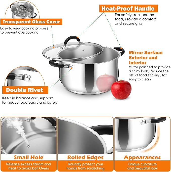 P&P CHEF 4 Quart Stainless Steel Stock Pot, Cooking Pot with Visible Lid | For Soup Pasta, Tri-Ply Bottom & Dual Heatproof Handles, For Induction Gas All Stoves, Non-Toxic & Dishwasher Safe