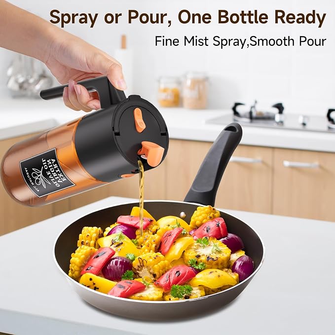 2-in-1 Dark Glass Oil Sprayer & Dispenser, Black Fine Mist No-Drip | 500ml dark glass for air fryer, BBQ, grilling & daily cooking; food-safe, 304 filter, wide-mouth refill and cleaning.