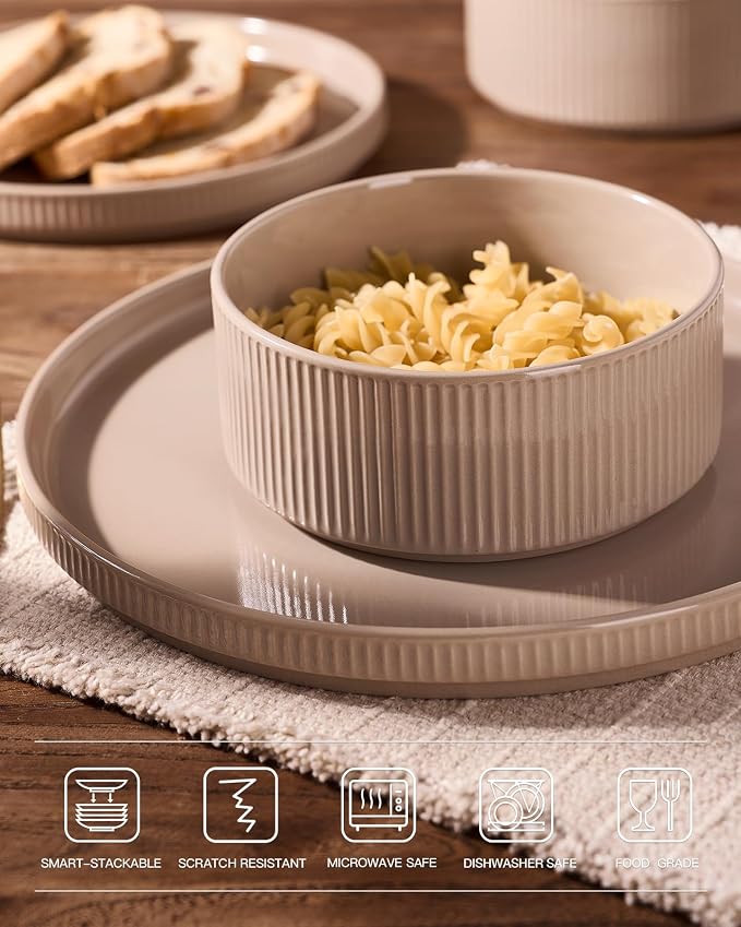Famiware Stoneware Dinnerware Set for 8, Rimmed Plates, Bowls, Brown Dishes | 24-Piece Ceramic Dishes, Chip & Scratch Resistant , Microwave & Dishwasher Safe, Everyday Dining, Modern Rustic, Lipped Edges