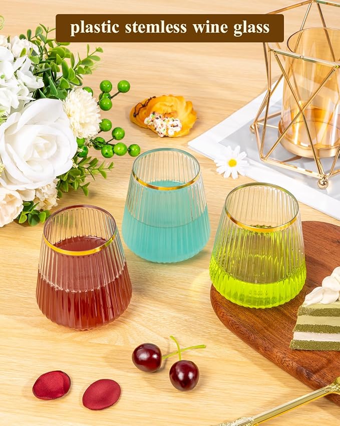 Goodluck 120 Pack 12oz Stemless Ribbed Plastic Wine Glasses Gold Rim | Clear Cups Fancy Reusable Disposable Drinkware for Weddings, Parties, Bars, Indoor and Outdoor Events