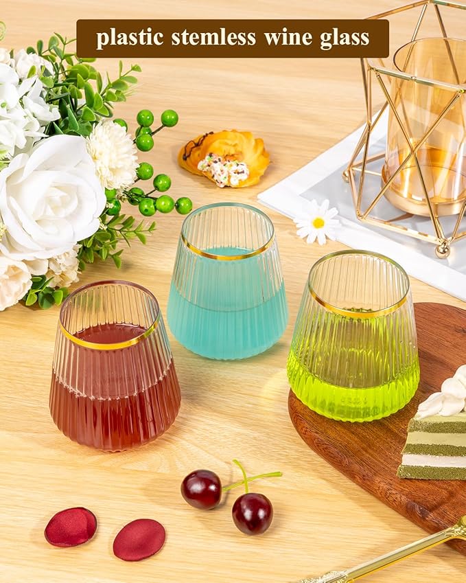 Goodluck 80 Pack 12oz Stemless Clear Ribbed Plastic Wine Glasses Gold Rim | Fancy Reusable Disposable Drinkware for Weddings, Parties, Bars, Indoor and Outdoor Events