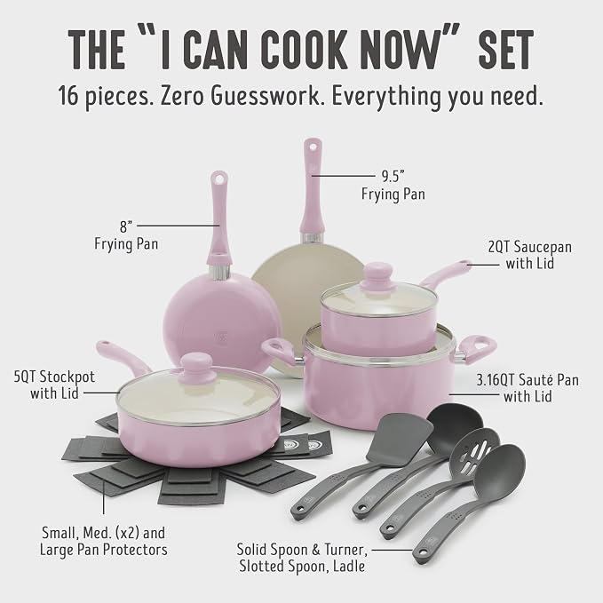 GreenLife 16pc Ceramic Nonstick Pots & Pans Cookware Set, Blush Pink | PFAS-Free Nonstick Coating, Stockpot, Frying Pans, Saucepan, Sauté, Induction Ready, All Stovetop Compatible, Dishwasher Safe