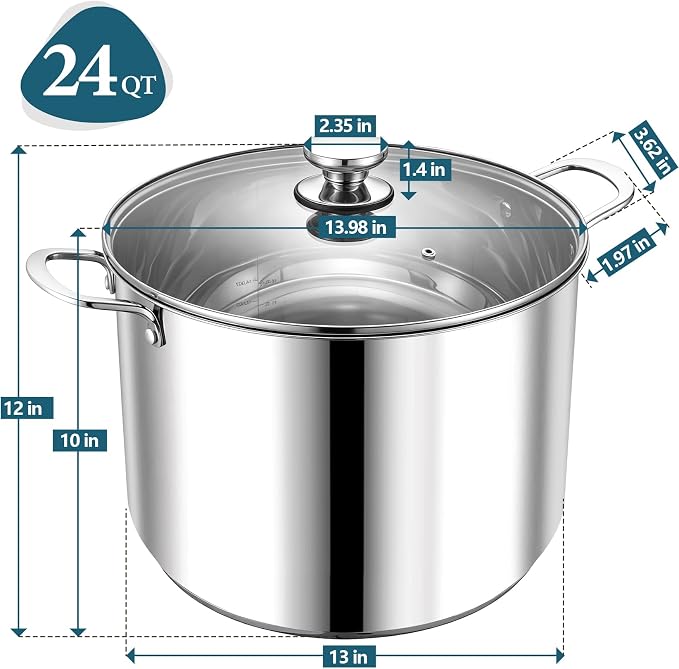 P&P CHEF 24 Quart Stock Pot with Lid, 24 Qt Large Stainless Steel Stockpot | Good for Cooking Pasta Soup, Cookware for Induction Gas Electric Stoves, Visible Lid & Measuring Markings, Dishwasher Safe