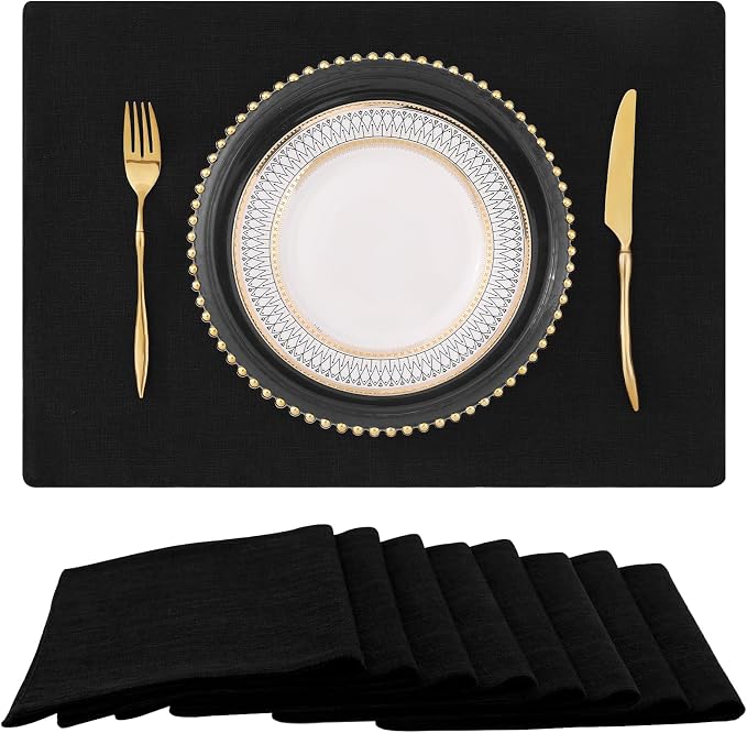 Faux Cotton Linen Placemats Set of 8, Cloth Washable Farmhouse Dining Table Mats for Indoors & Outdoors, Easy to Clean, Black, 13 x 19 Inch