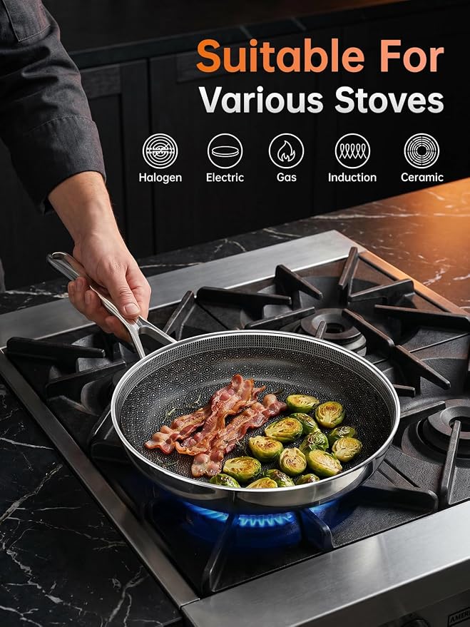 9.5 Inch Non Stick Frying Pans,Ceramic Nonstick Coating Skillet | Stainless Steel, PFAS/PFOA/PTFE-free & non-toxic. Compatible with All Stovetops. Oven & dishwasher safe. Stay cool handle