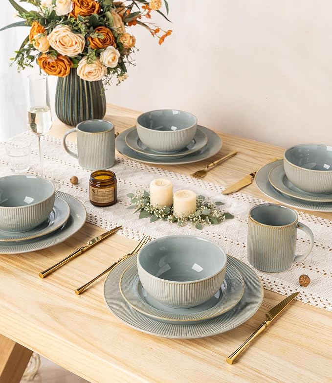 Ceramic Dinnerware Set for 4, 12-Piece Plates and Bowls Set | Lightweight Porcelain Dish Set, Scratch Resistant, Oven & Microwave & Dishwasher Safe, Desert Sage